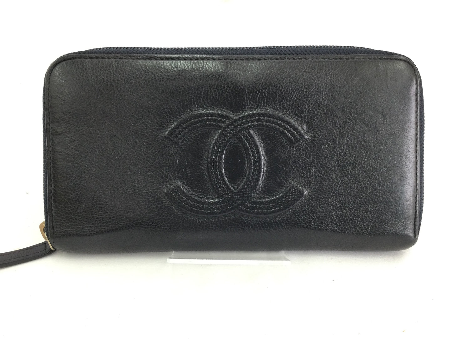 CHANEL Caviar Coco Mark Leather Black Long Wallet with Round Zipper