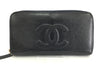 CHANEL Caviar Coco Mark Leather Black Long Wallet with Round Zipper