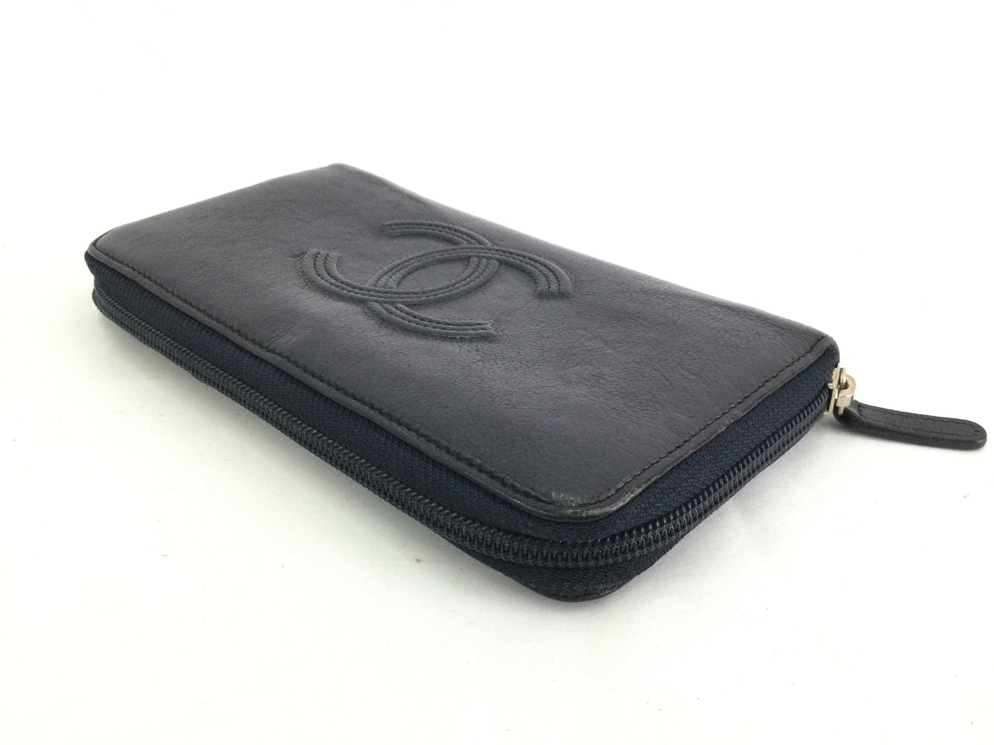 CHANEL Caviar Coco Mark Leather Black Long Wallet with Round Zipper