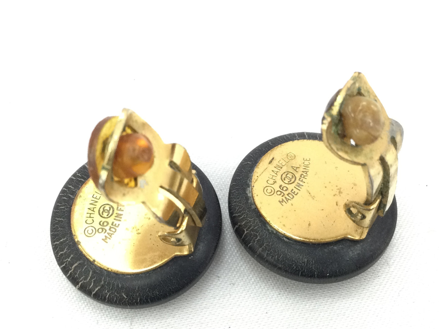 CHANEL Coco Mark Round Earrings 96A Enamel x Wood Black x Gold Earrings