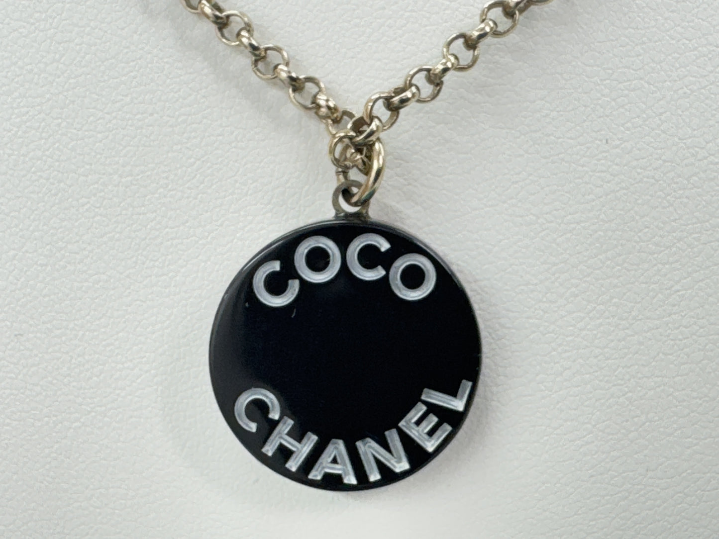 CHANEL COCO Logo Pla Silver Necklace 07P with Comments and Box