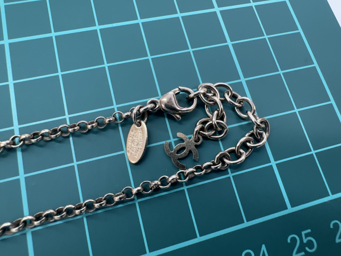CHANEL COCO Logo Pla Silver Necklace 07P with Comments and Box