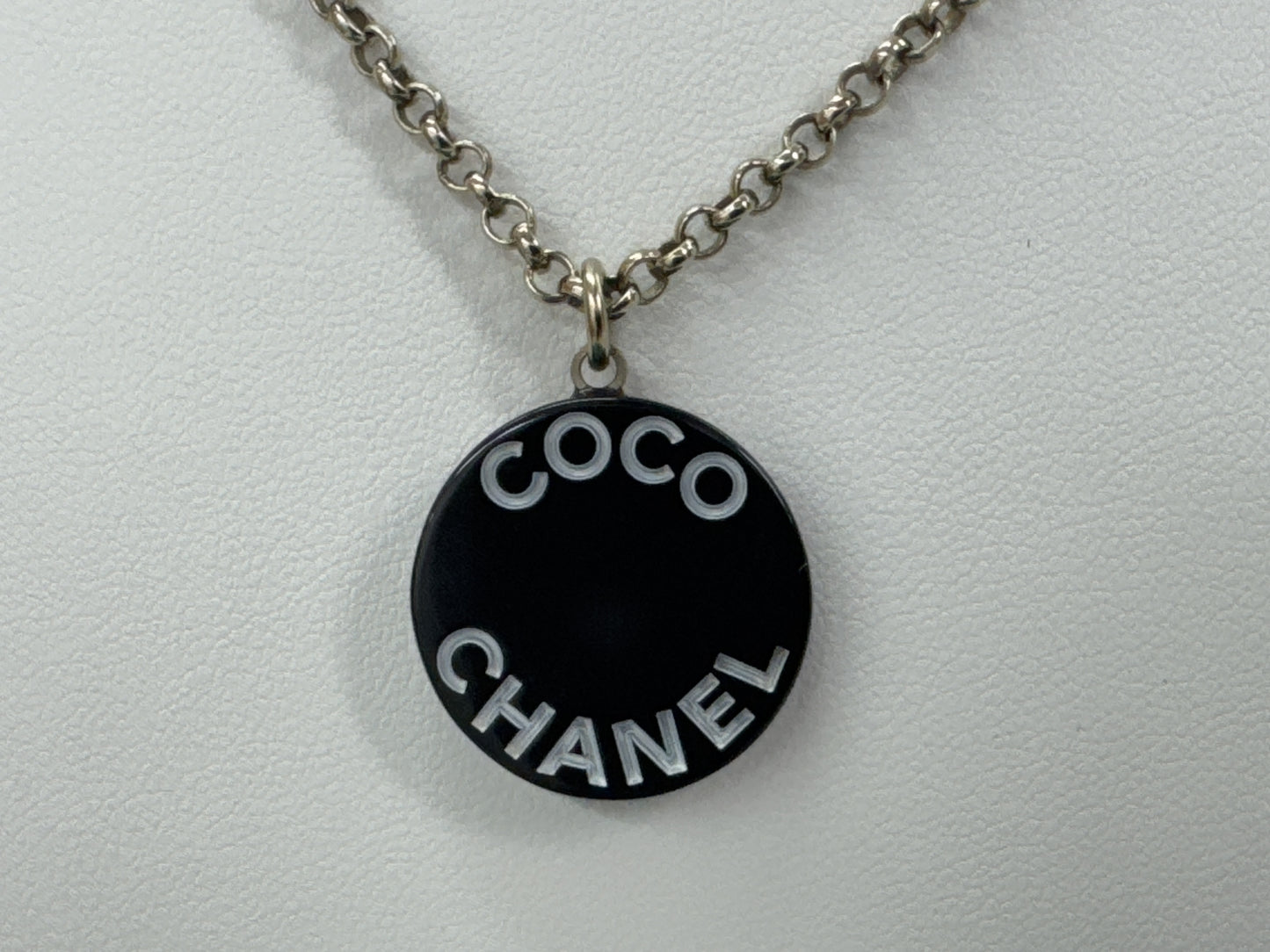 CHANEL COCO Logo Pla Silver Necklace 07P with Comments and Box