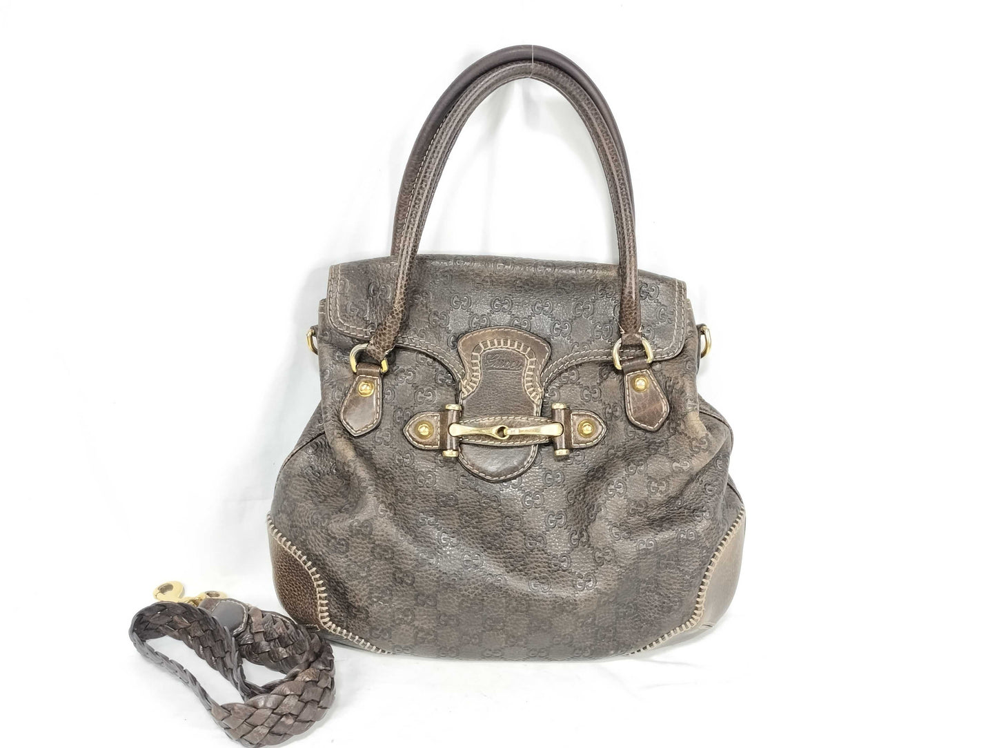 GUCCI GUCCI Horsebit Leather Handbag Brown with Strap Shoulder Bag