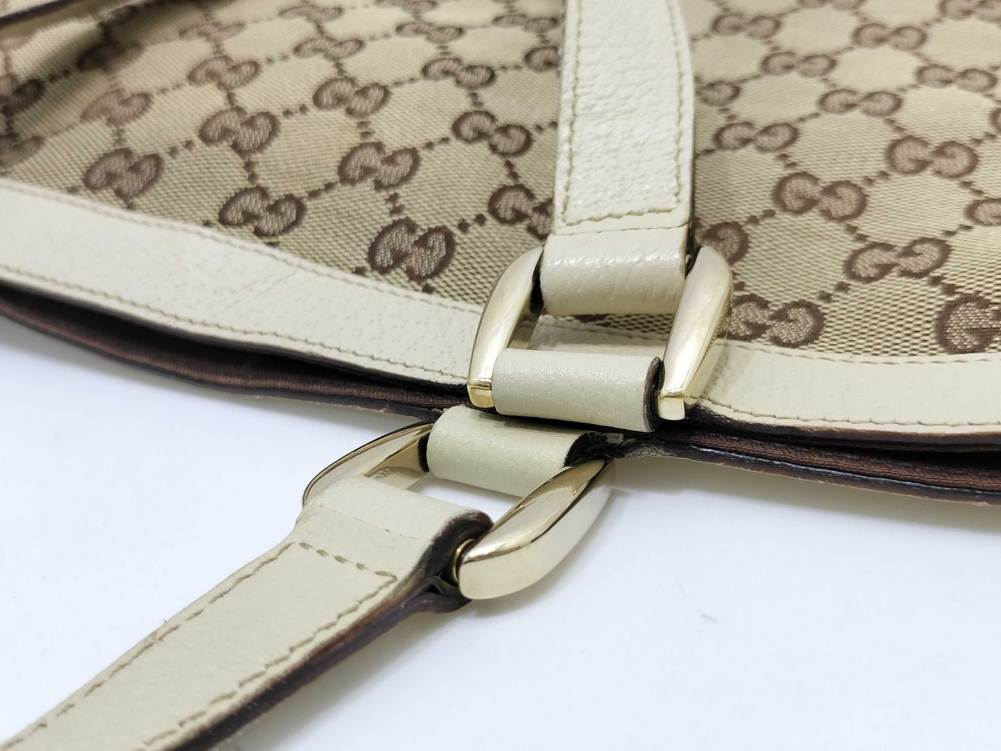 GUCCI GG Canvas Tote Bag 141472 GG Canvas Leather Beige White Tote Bag