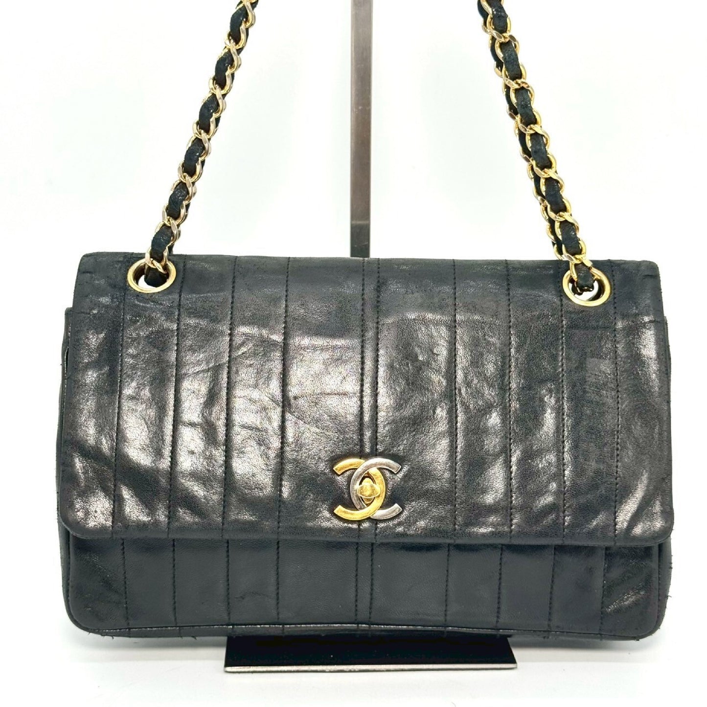 CHANEL Lambskin Double Flap Chain Shoulder Bag, Black