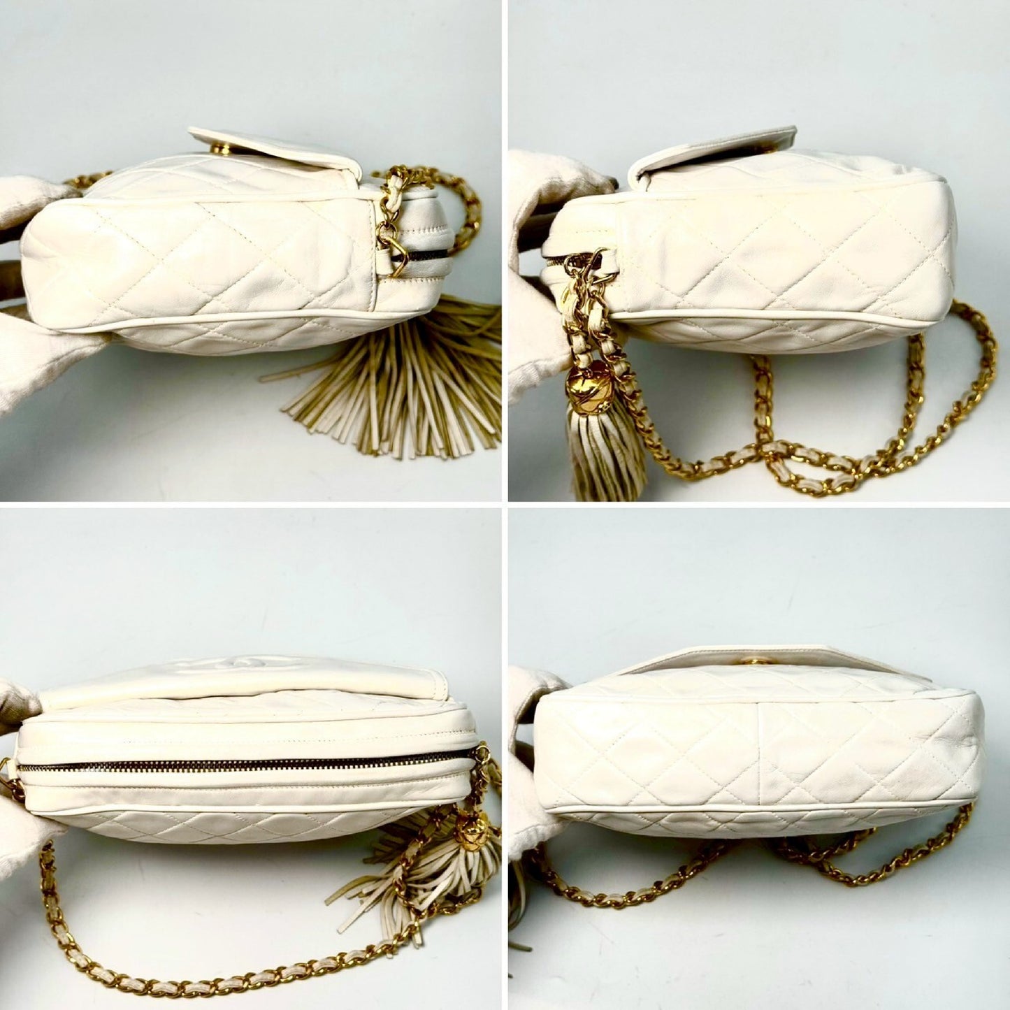 CHANEL Matelasse Lambskin Fringed Chain Shoulder Bag White 1726214 with Guarantee Card