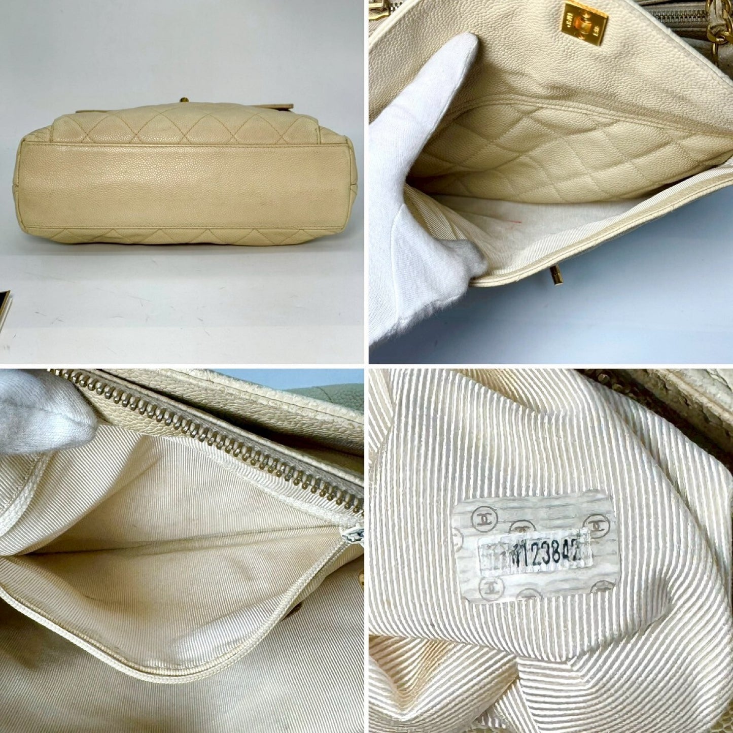 CHANEL Caviar Leather Chain Shoulder Bag Beige 4123842 with Guarantee Card
