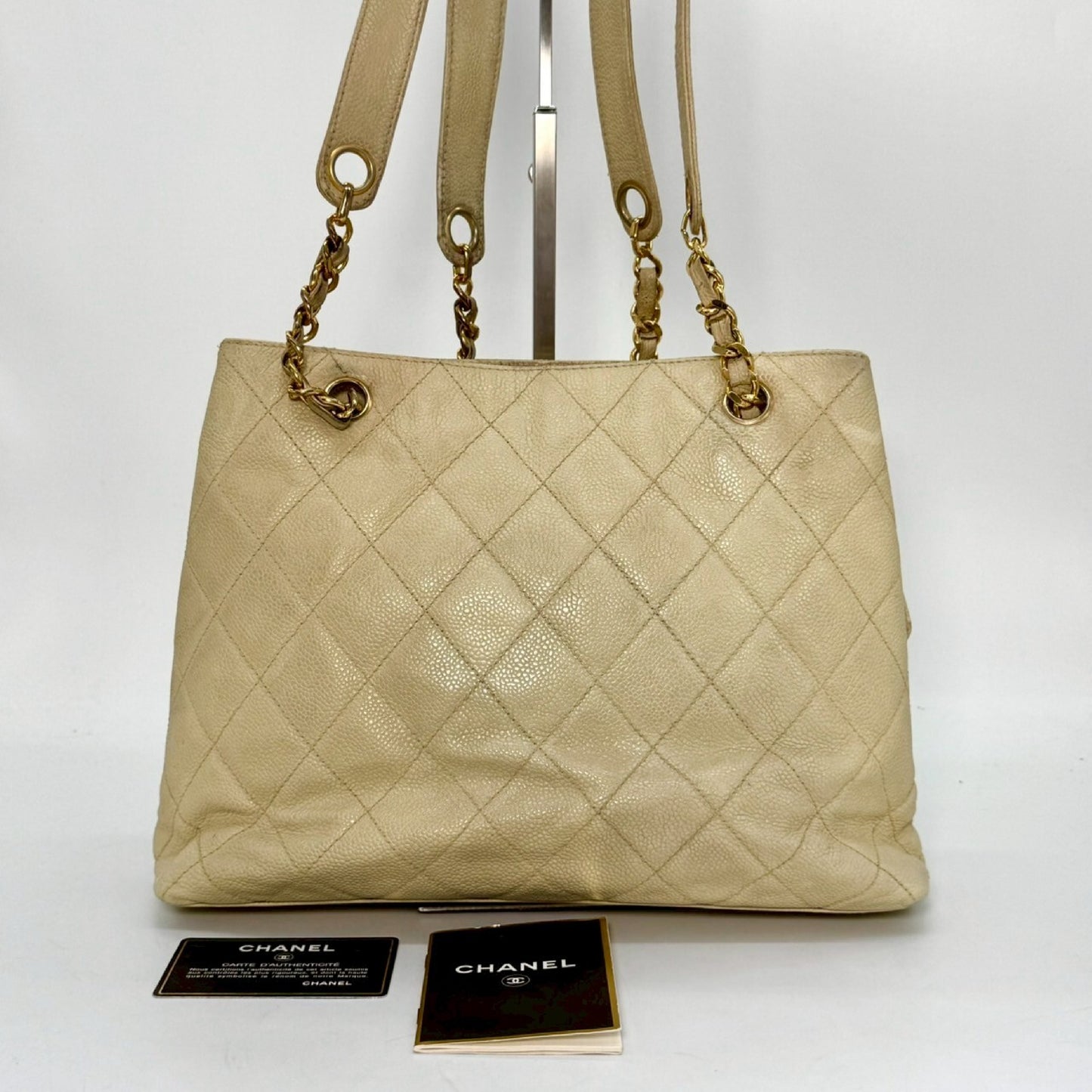 CHANEL Caviar Leather Chain Shoulder Bag Beige 4123842 with Guarantee Card