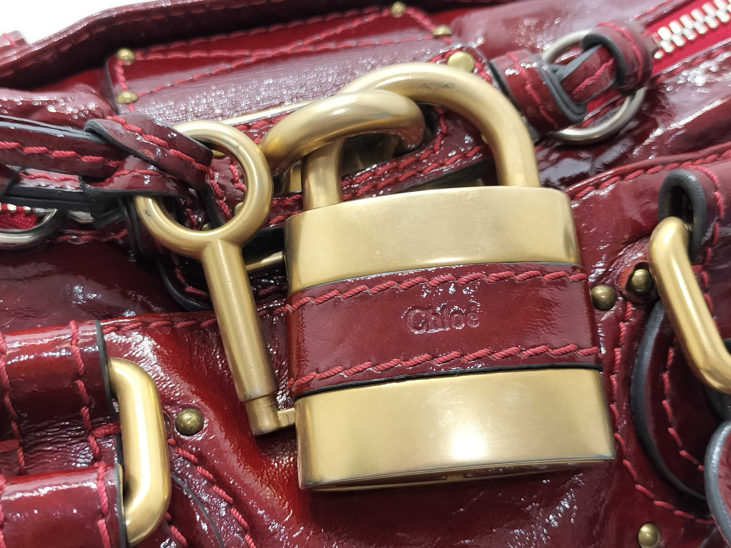 Chloe Paddington Padlock Handbag in Red Enamel with Cadena