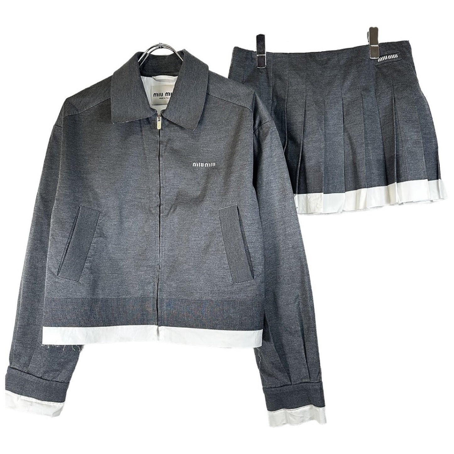 Miu Miu 2025ss Knit x Poplin Set Up Knit Poplin Blouson Jacket and Skirt Set Top: 36, Bottom: 38