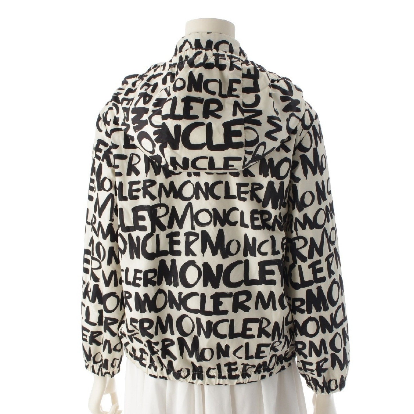 MONCLER HANOI Nylon Logo All-Over Print Hooded Nylon Jacket in Off-White and Black, Kids Size 12