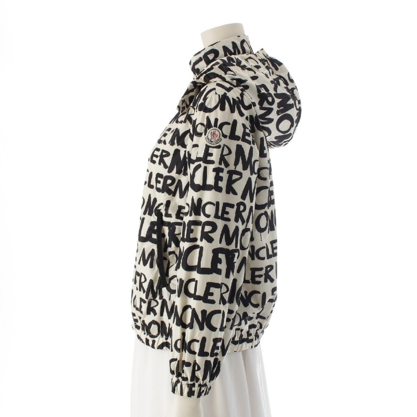 MONCLER HANOI Nylon Logo All-Over Print Hooded Nylon Jacket in Off-White and Black, Kids Size 12