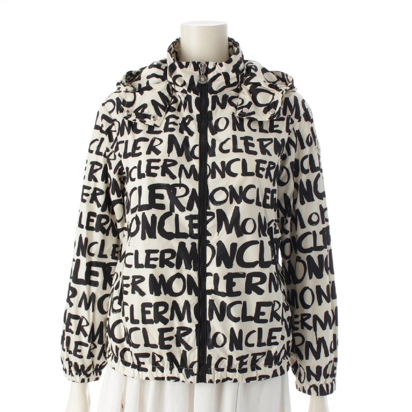 MONCLER HANOI Nylon Logo All-Over Print Hooded Nylon Jacket in Off-White and Black, Kids Size 12