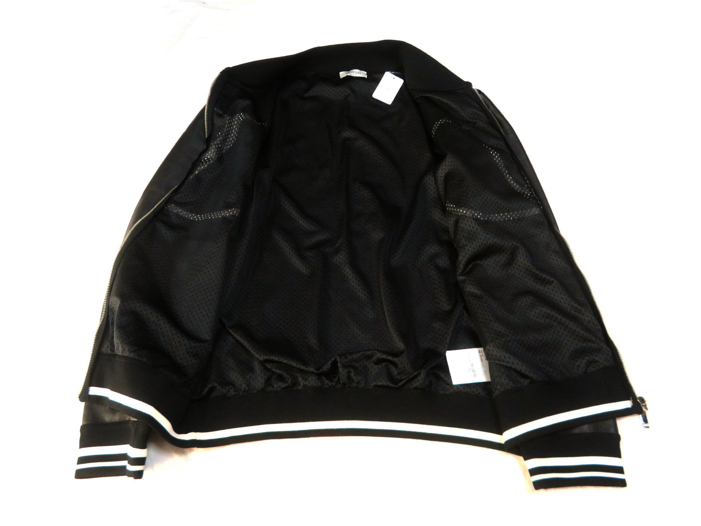 VALENTINO Stadium Jacket with Front Logo, Leather Arms, Logo Print, Zip-Up Blouson, Black
