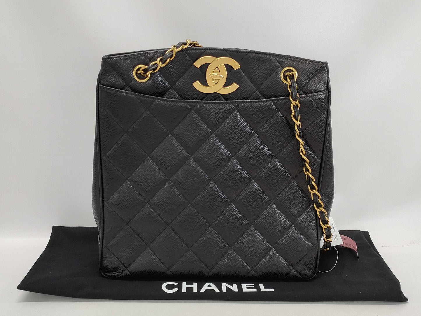 CHANEL CaviSkin Matelasse Large Coco Mark Double Chain Tote Black Shoulder Bag with Seal