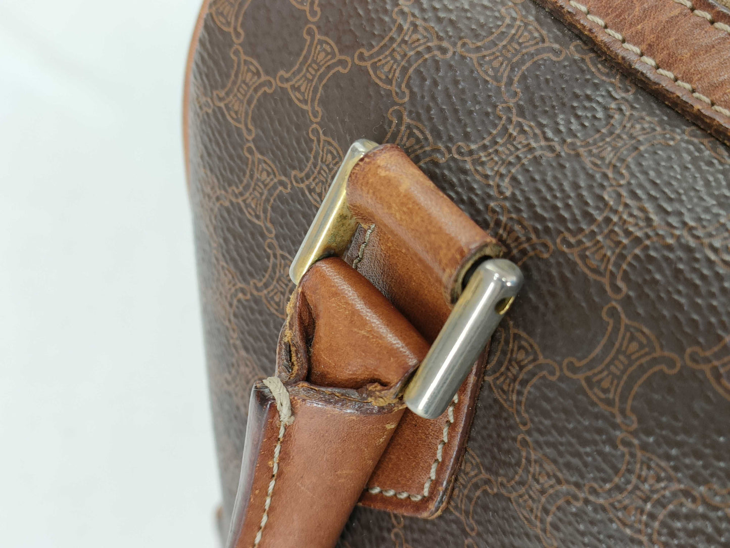 CELINE M13 Mini Boston Bag, Macadam Pattern Leather, Brown