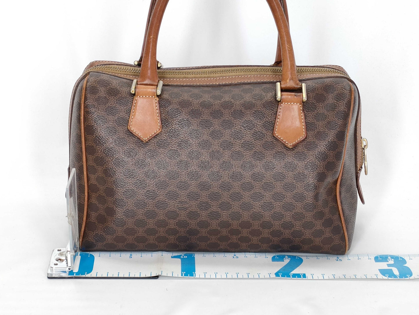 CELINE M13 Mini Boston Bag, Macadam Pattern Leather, Brown