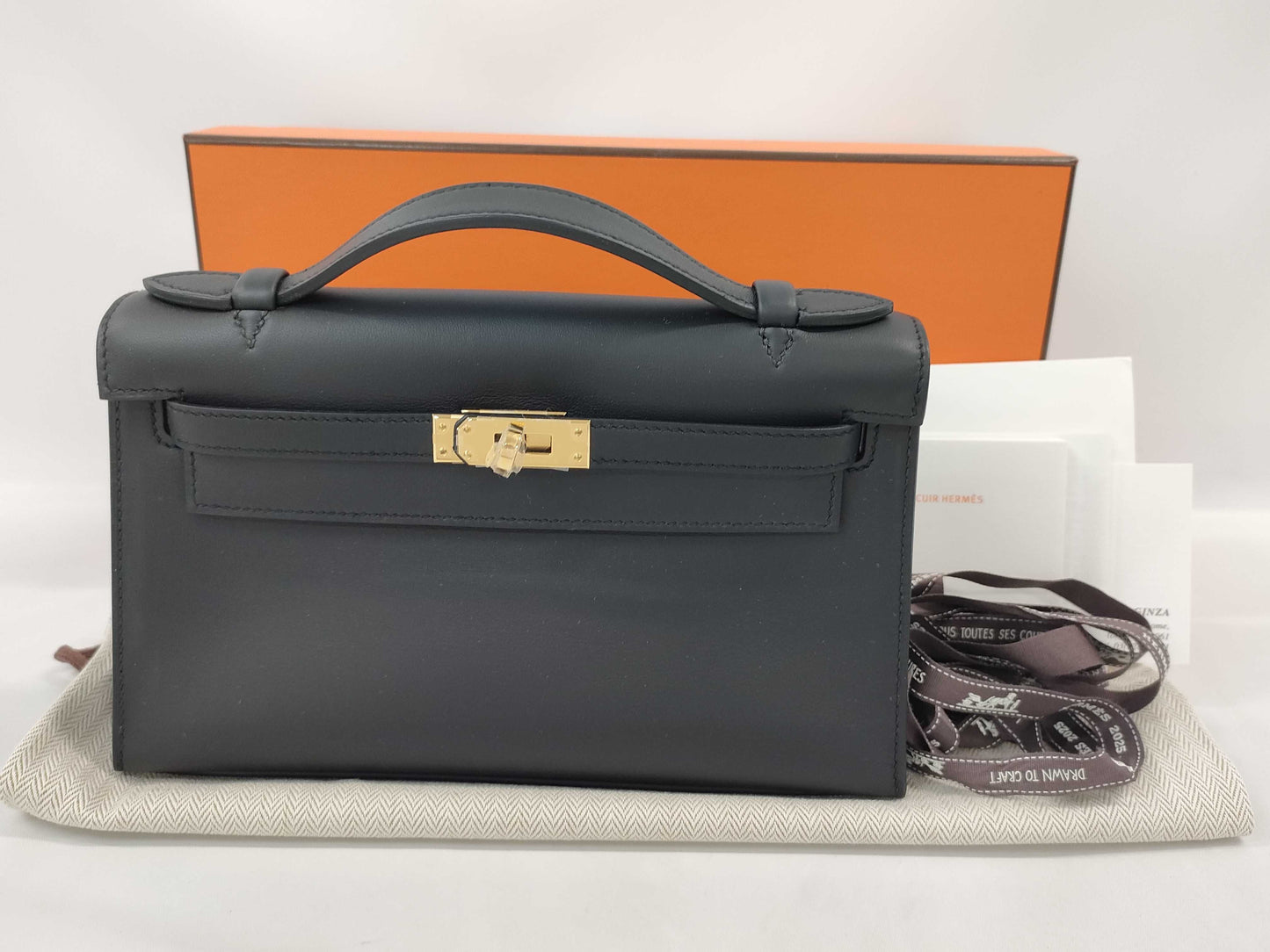 HERMES Pochette Kelly Black Swift W Stamp Gold Hardware Handbag