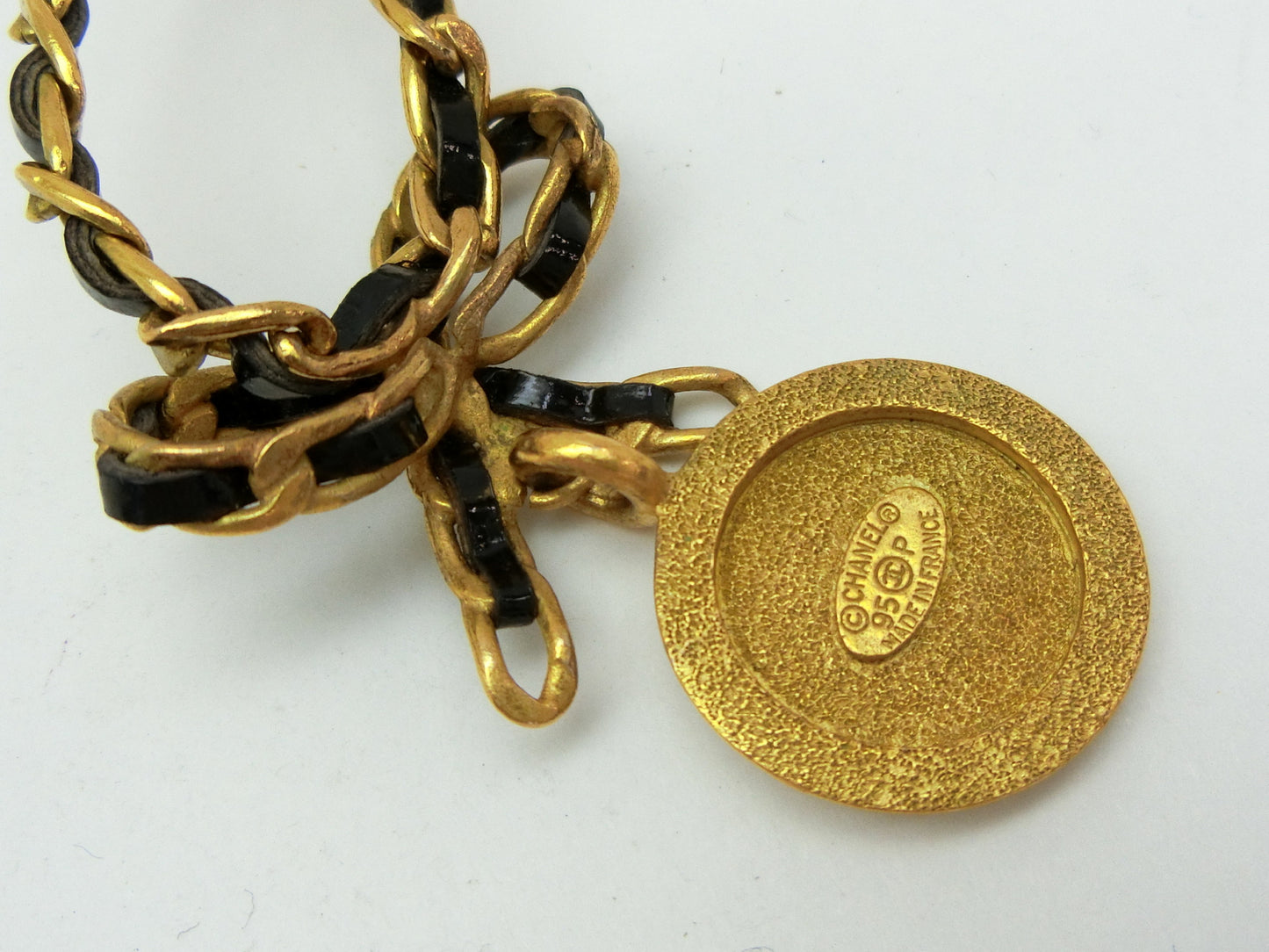 CHANEL Leather Chain Ribbon Coin Necklace