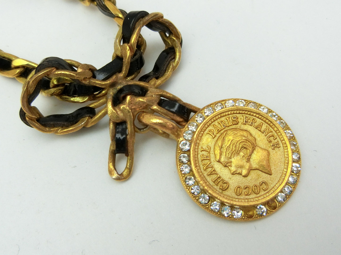 CHANEL Leather Chain Ribbon Coin Necklace