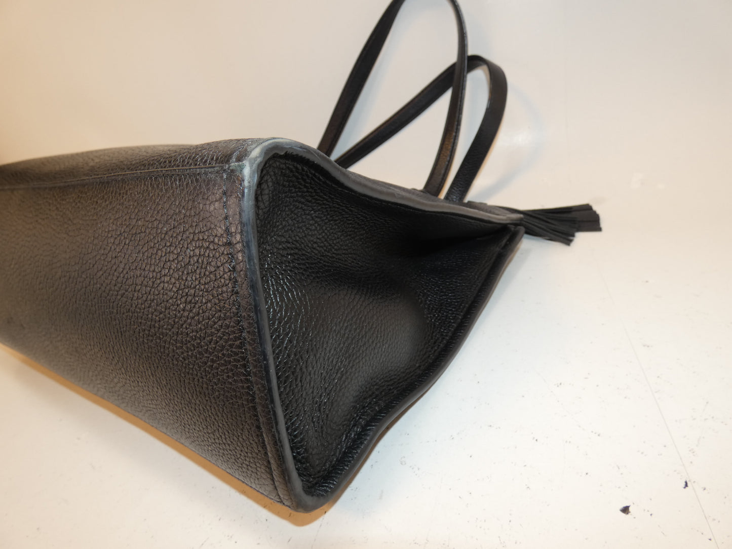 Tory Burch Front Logo Black Leather Tassel Tote Hand Tote Bag