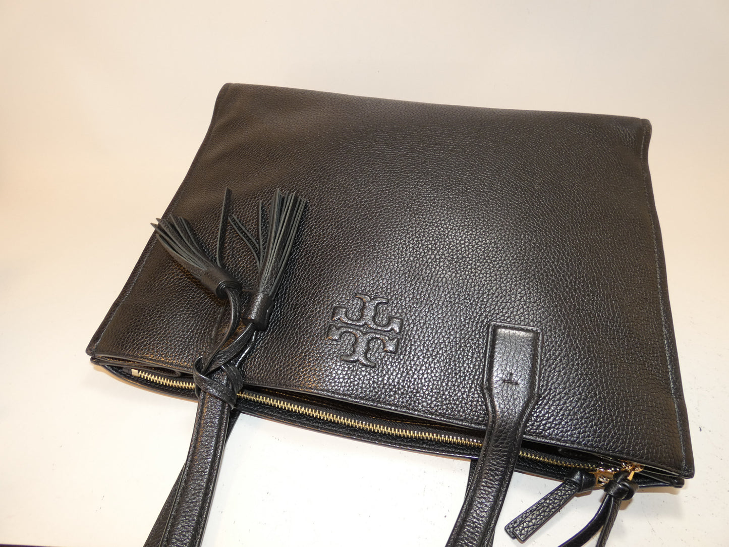 Tory Burch Front Logo Black Leather Tassel Tote Hand Tote Bag