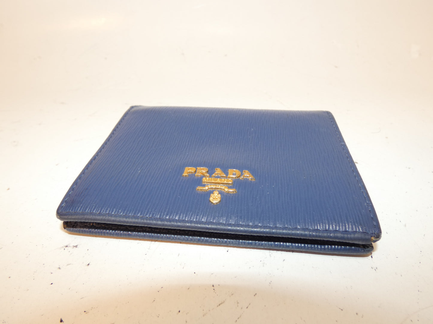 PRADA Front Logo Leather Blue Folding Wallet