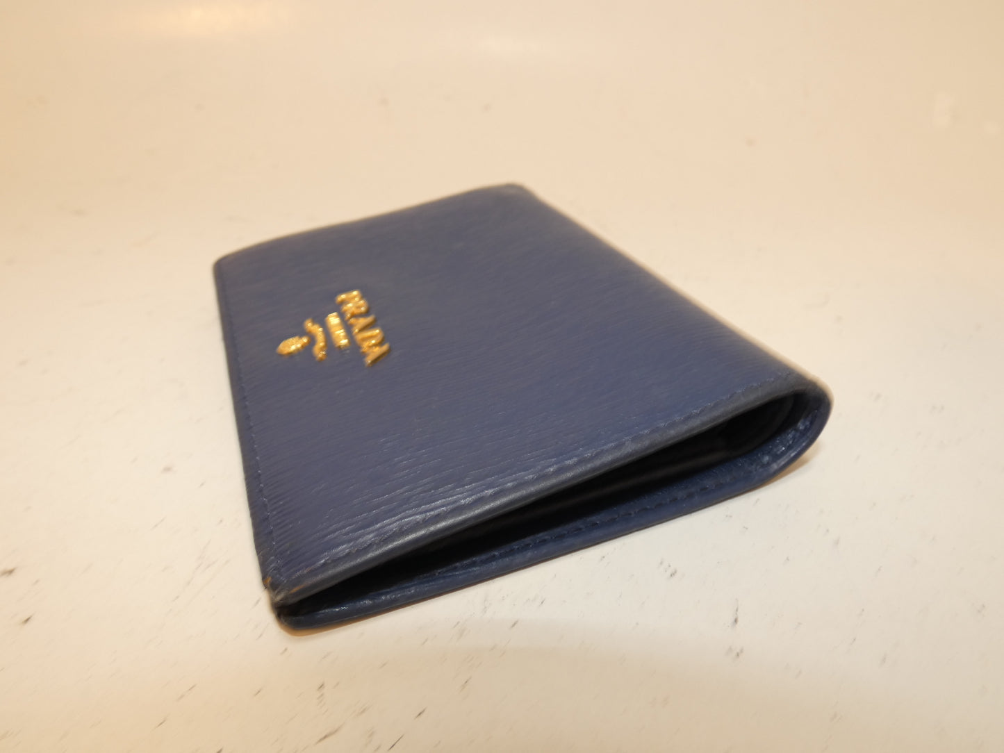 PRADA Front Logo Leather Blue Folding Wallet