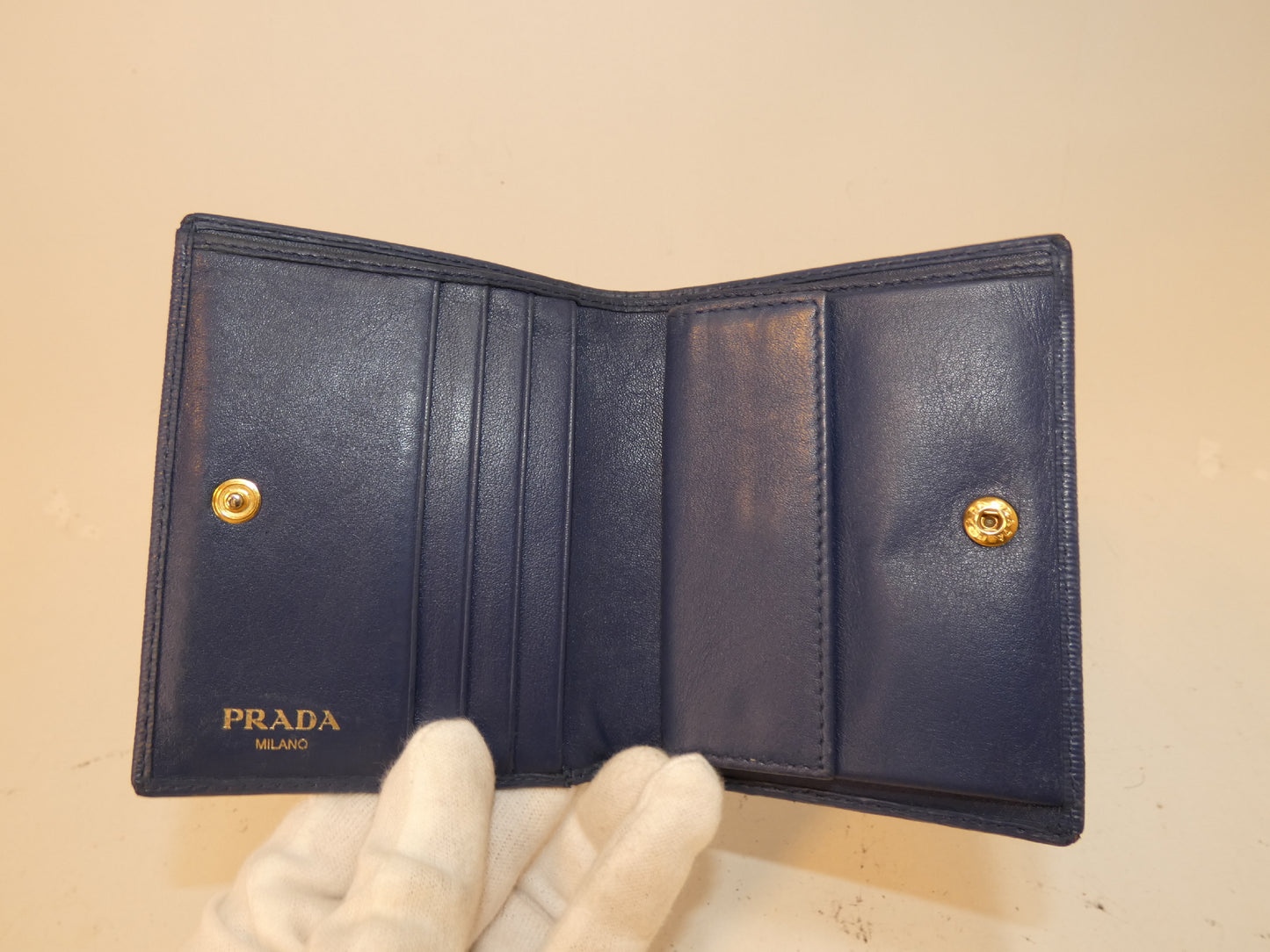 PRADA Front Logo Leather Blue Folding Wallet