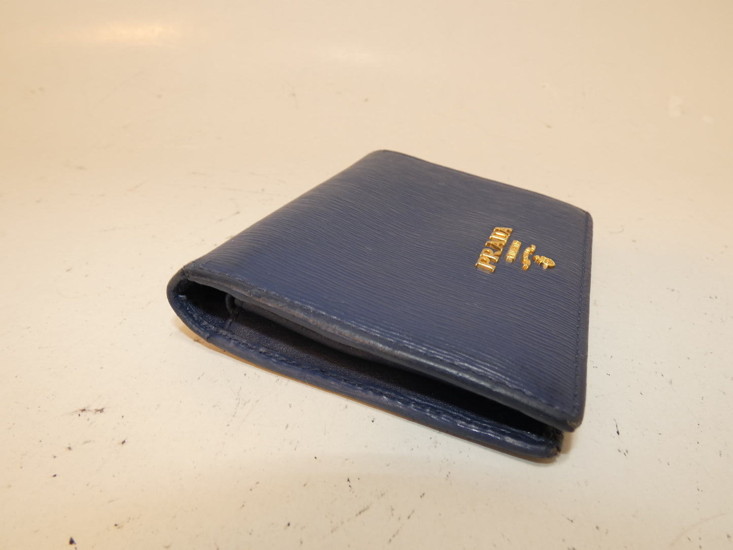 PRADA Front Logo Leather Blue Folding Wallet