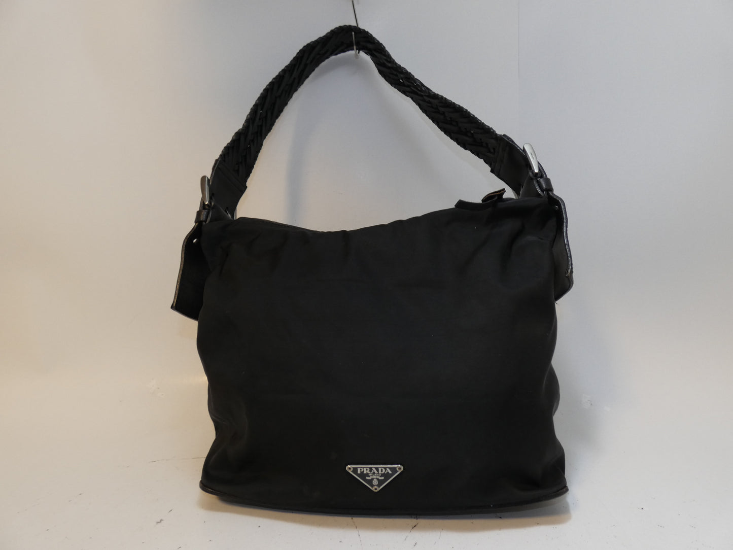 PRADA Nylon Braided Leather Black One-Shoulder Shoulder Bag