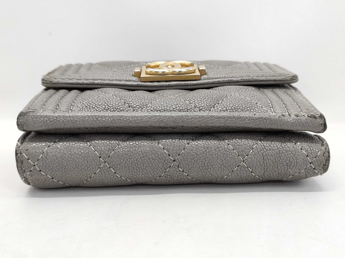 CHANEL Boy Chanel Compact Wallet, Caviar Skin, Gray, Gold Hardware, A84433, 26th Series