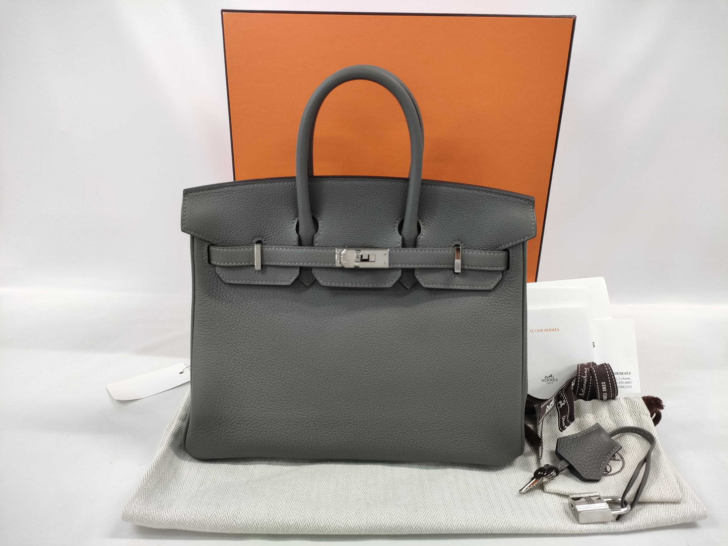 HERMES Birkin 25 Togo Etain Stainless Steel B Stamp Handbag