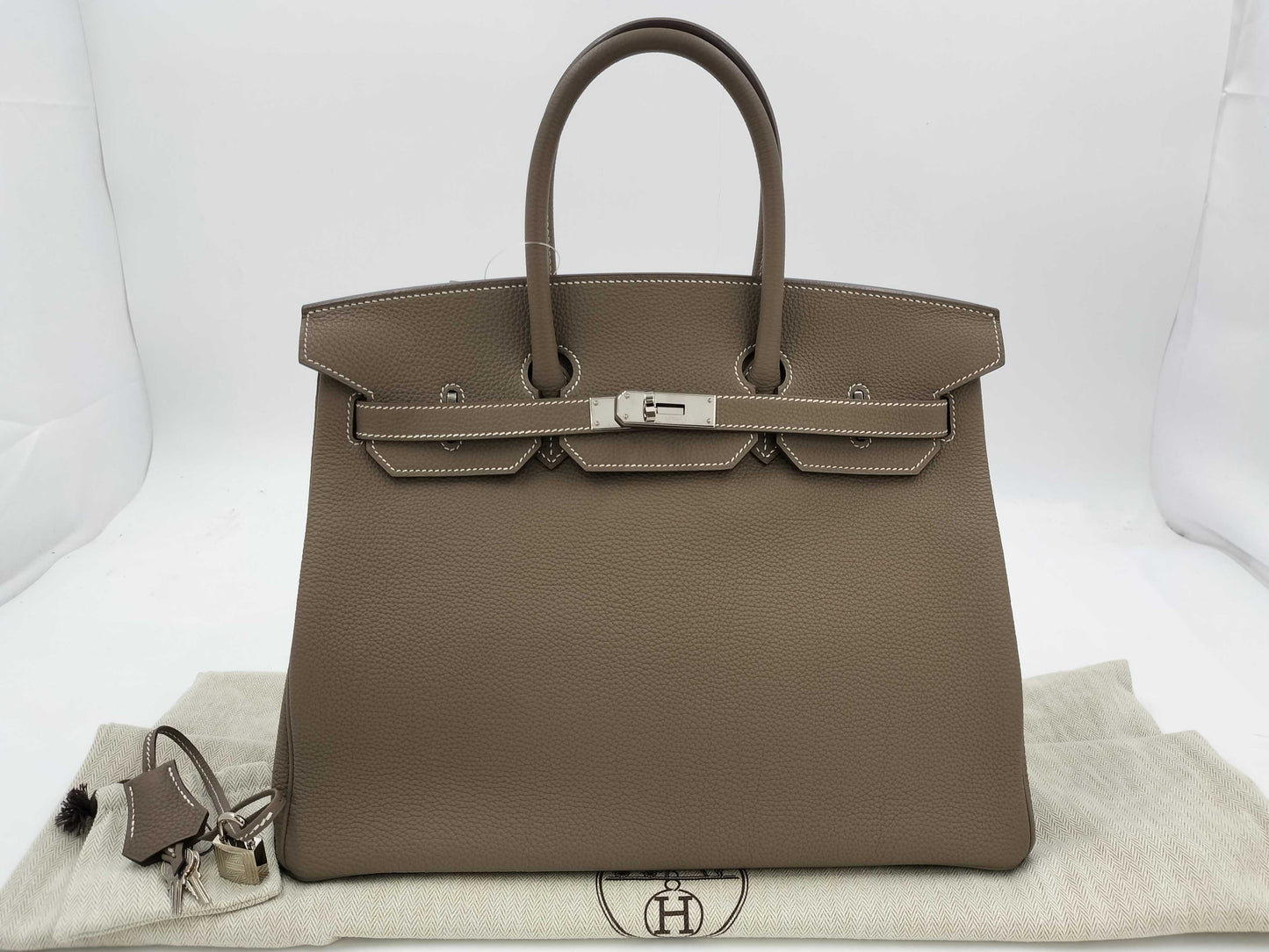 HERMES Birkin 35 Togo Etoupe Stainless Steel Y Stamp Handbag