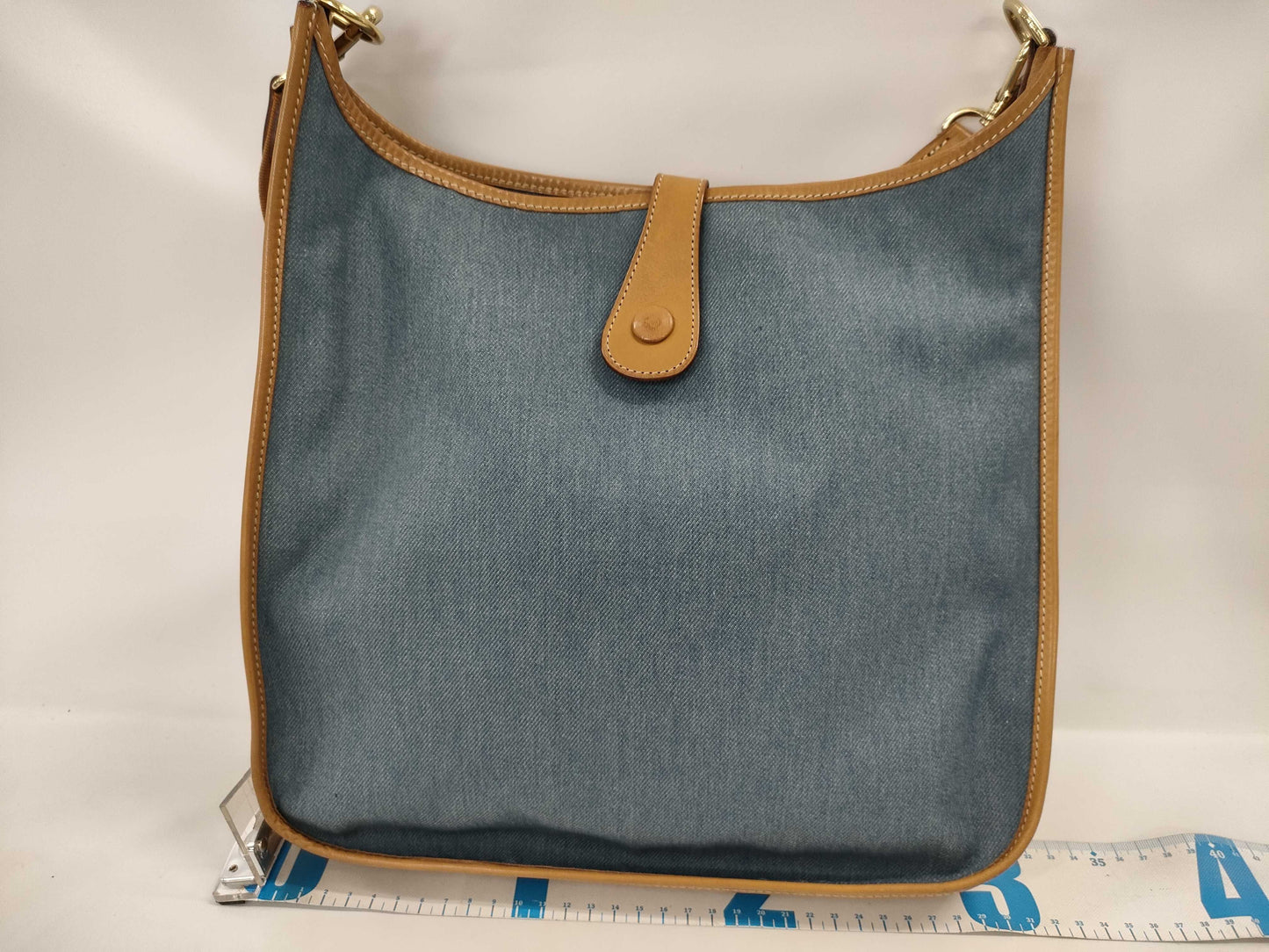 HERMES Evelyn 1GM Toile Jean Vache Gold GP 〇X Stamped Shoulder Bag