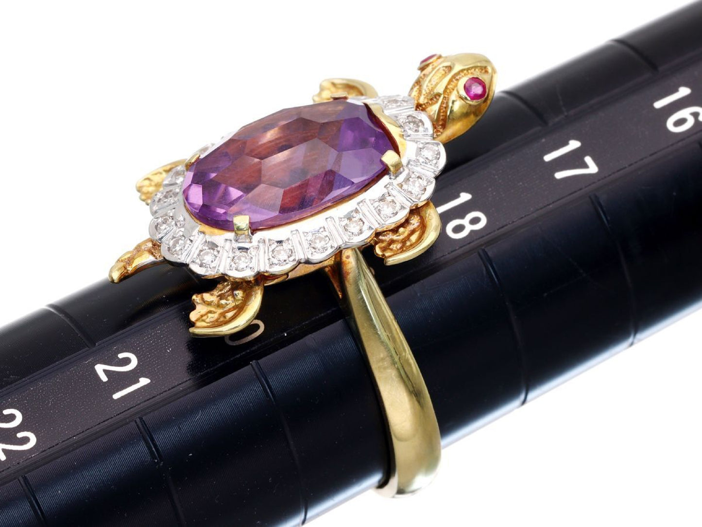 Turtle Motif Amethyst Ruby D0.20ct K18 8.6g Ring