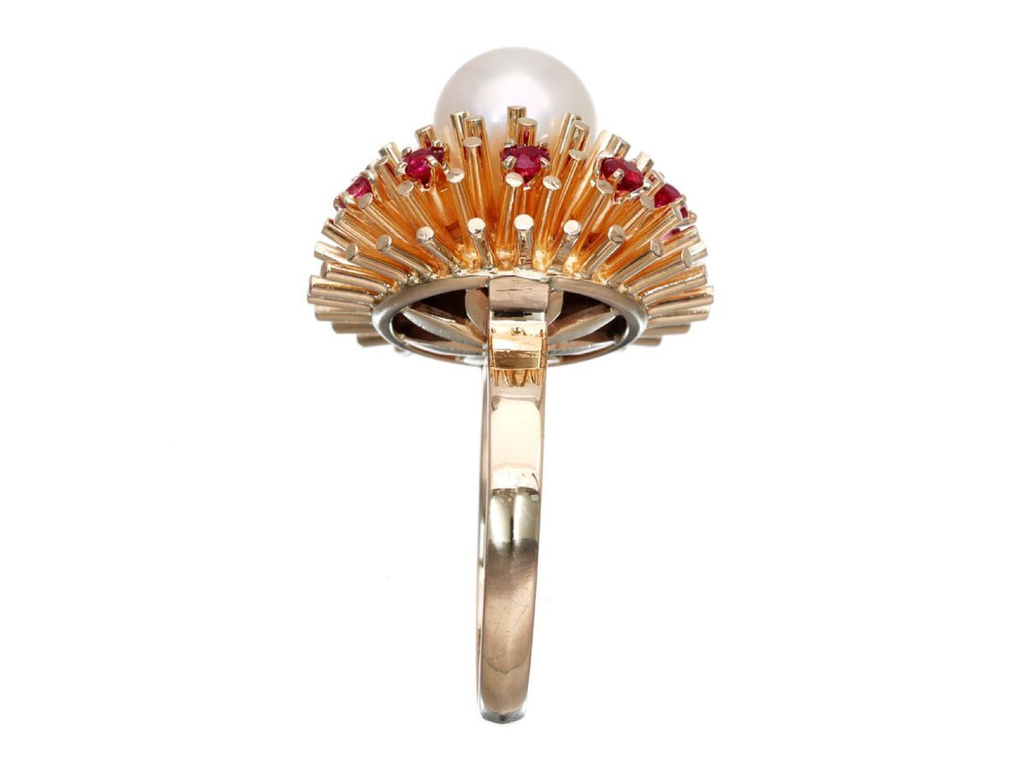 Akoya pearl ring, approximately 7.9mm diameter, ruby, 14K gold, 9.5g