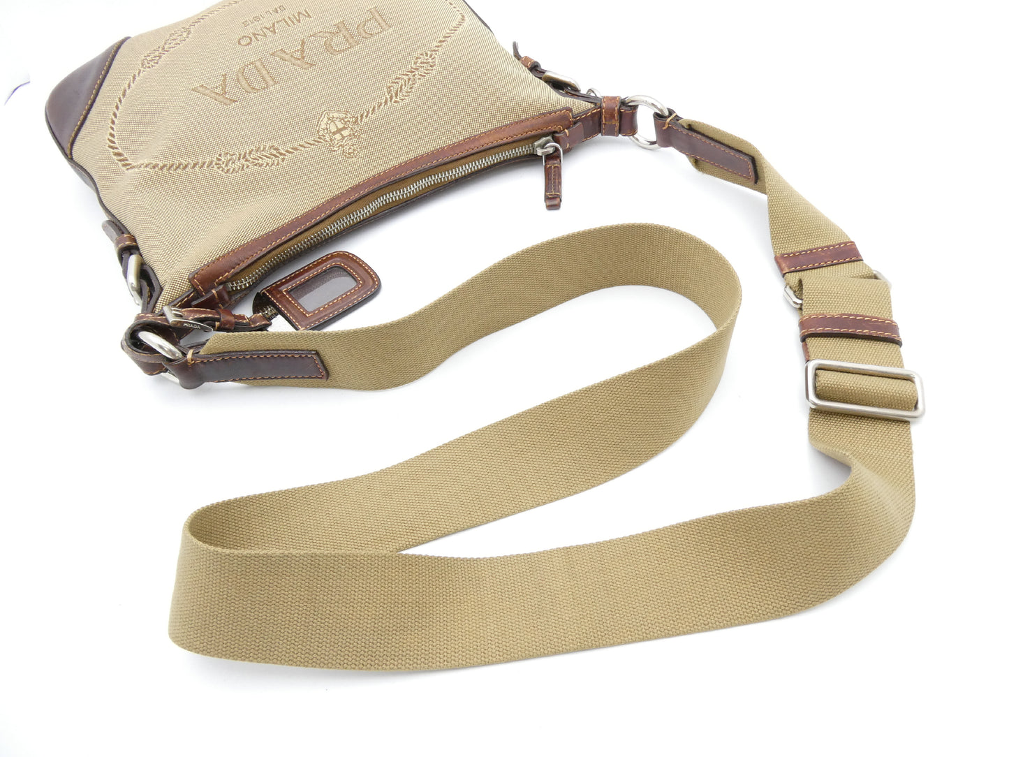 PRADA Logo Jacquard Canvas and Leather Shoulder Bag