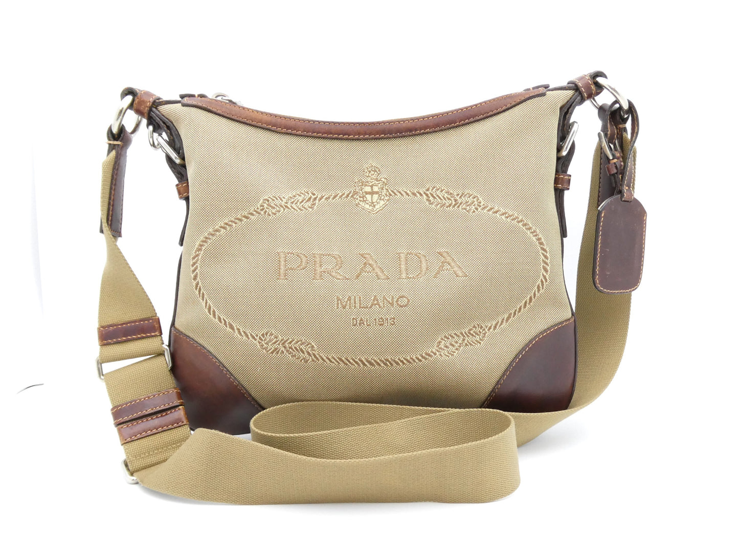 PRADA Logo Jacquard Canvas and Leather Shoulder Bag