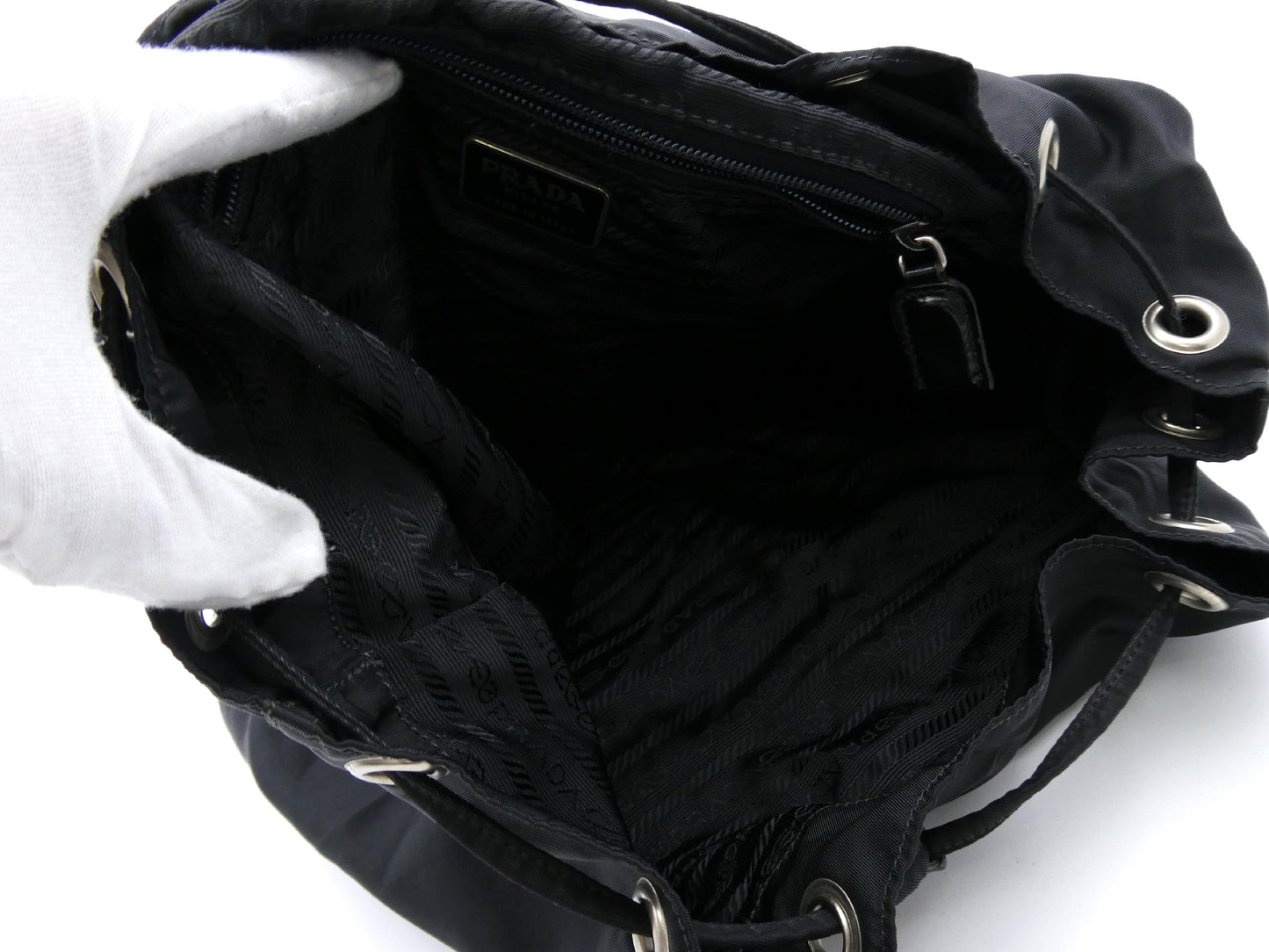 PRADA logo plate nylon and leather backpack