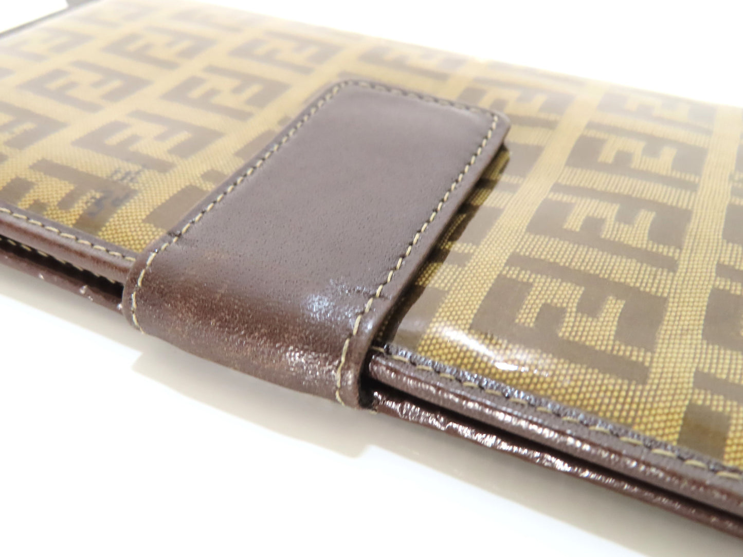 FENDI Zucchino Vinyl and Leather Long Wallet, Brown, Pen Stain