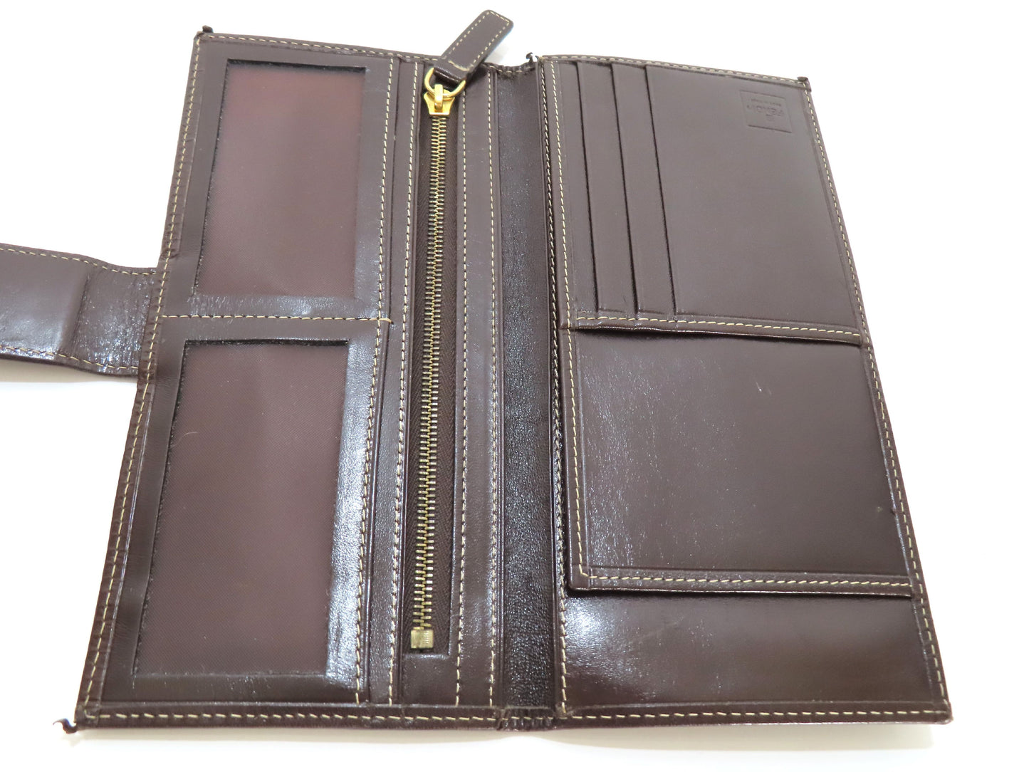 FENDI Zucchino Vinyl and Leather Long Wallet, Brown, Pen Stain