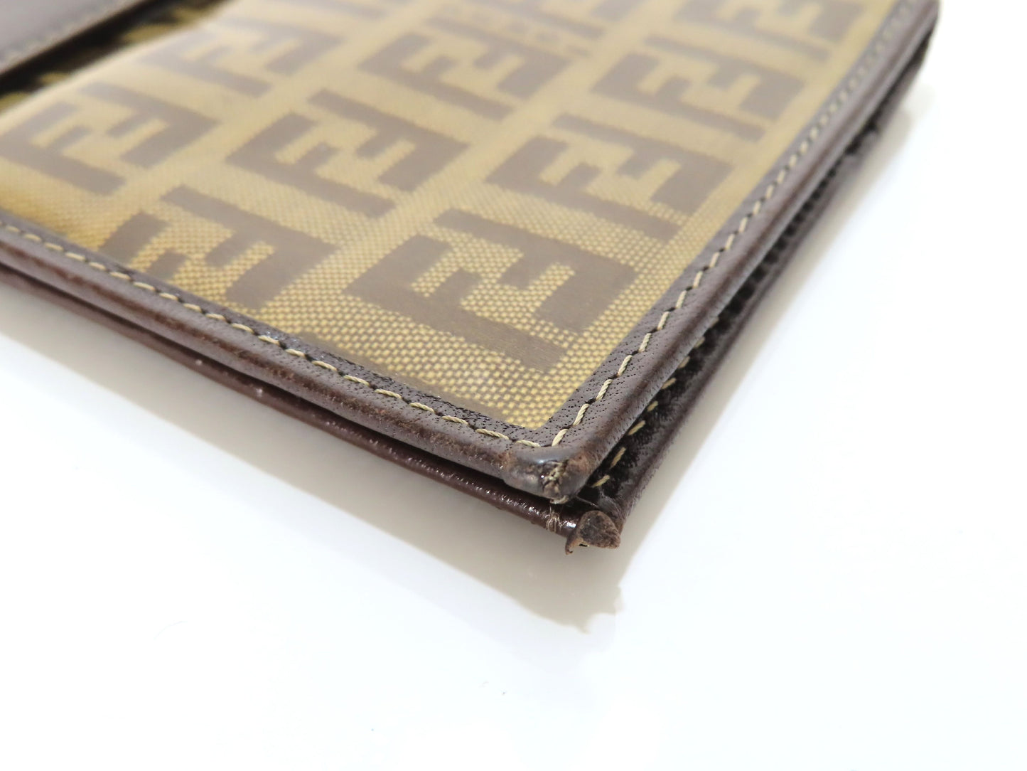 FENDI Zucchino Vinyl and Leather Long Wallet, Brown, Pen Stain