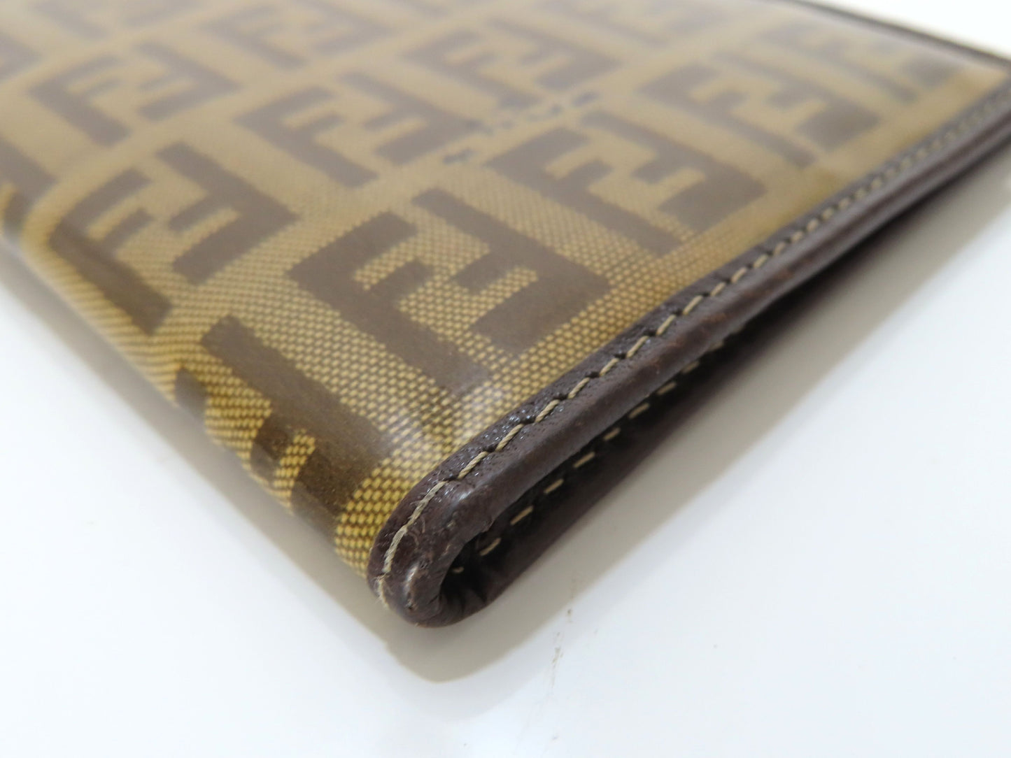 FENDI Zucchino Vinyl and Leather Long Wallet, Brown, Pen Stain