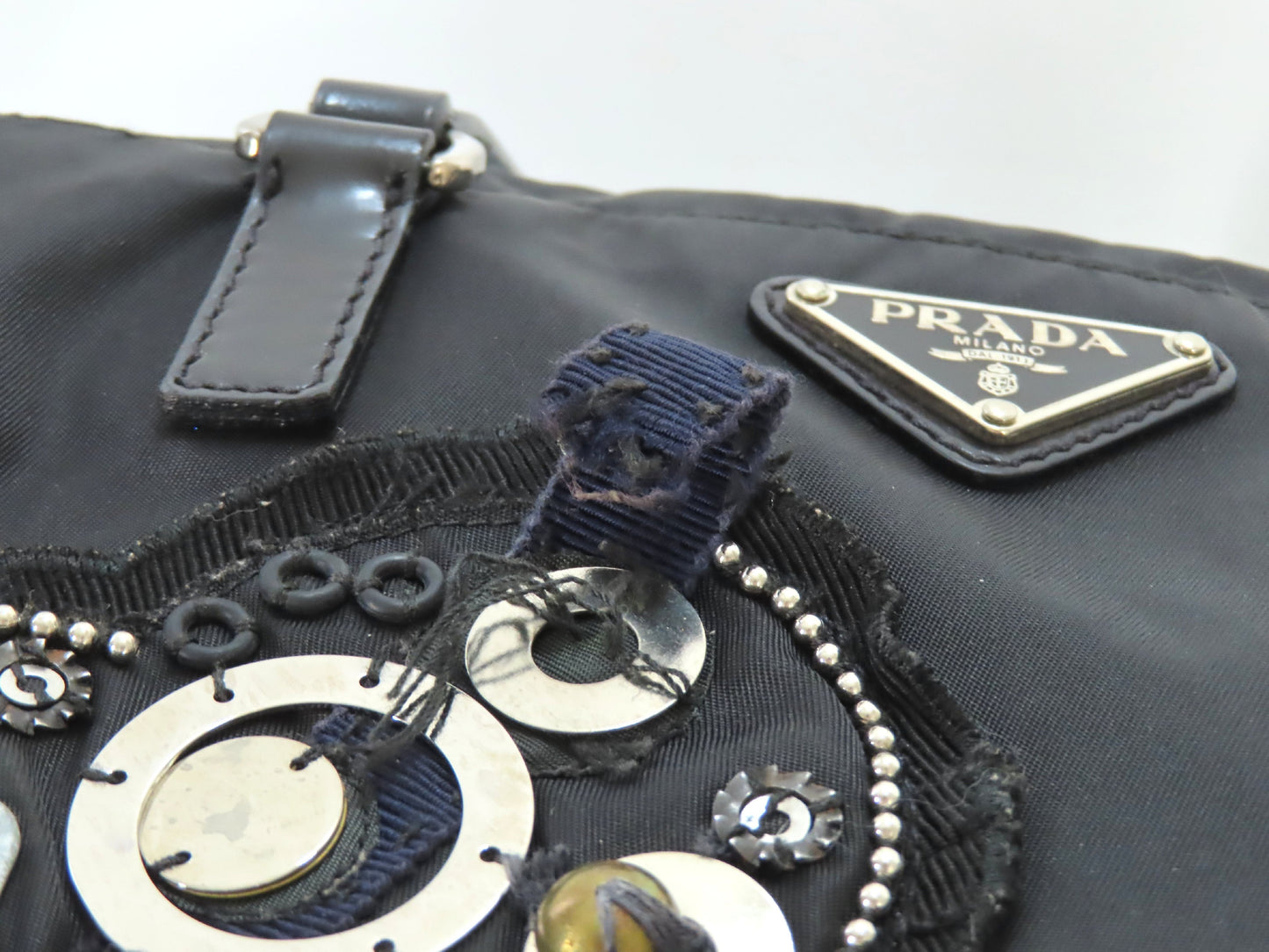 PRADA Prada Evening Heart Triangle Logo Plate Tessuto Tote Bag Black Tote Bag