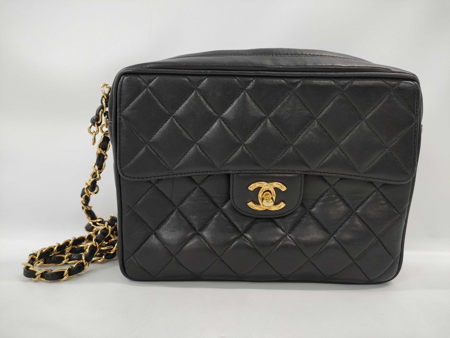 CHANEL Matelasse Lambskin Chain Shoulder Bag with Unclear Serial Number, Black