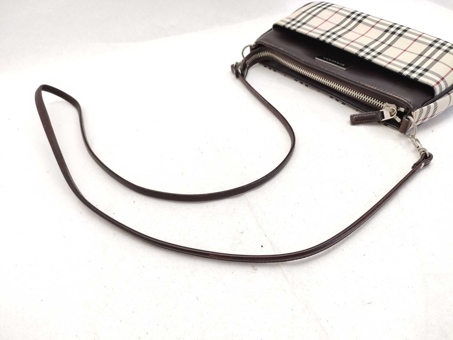 BURBERRY Check Pattern Nylon Canvas and Leather Shoulder Bag, Ivory and Brown