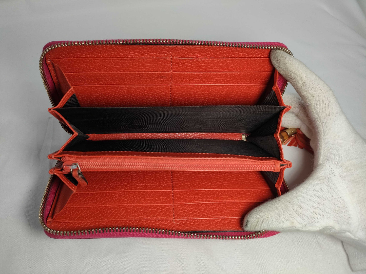 GUCCI Bamboo Leather Round Zip Long Wallet 307984・1147 Pink x Orange Wallet