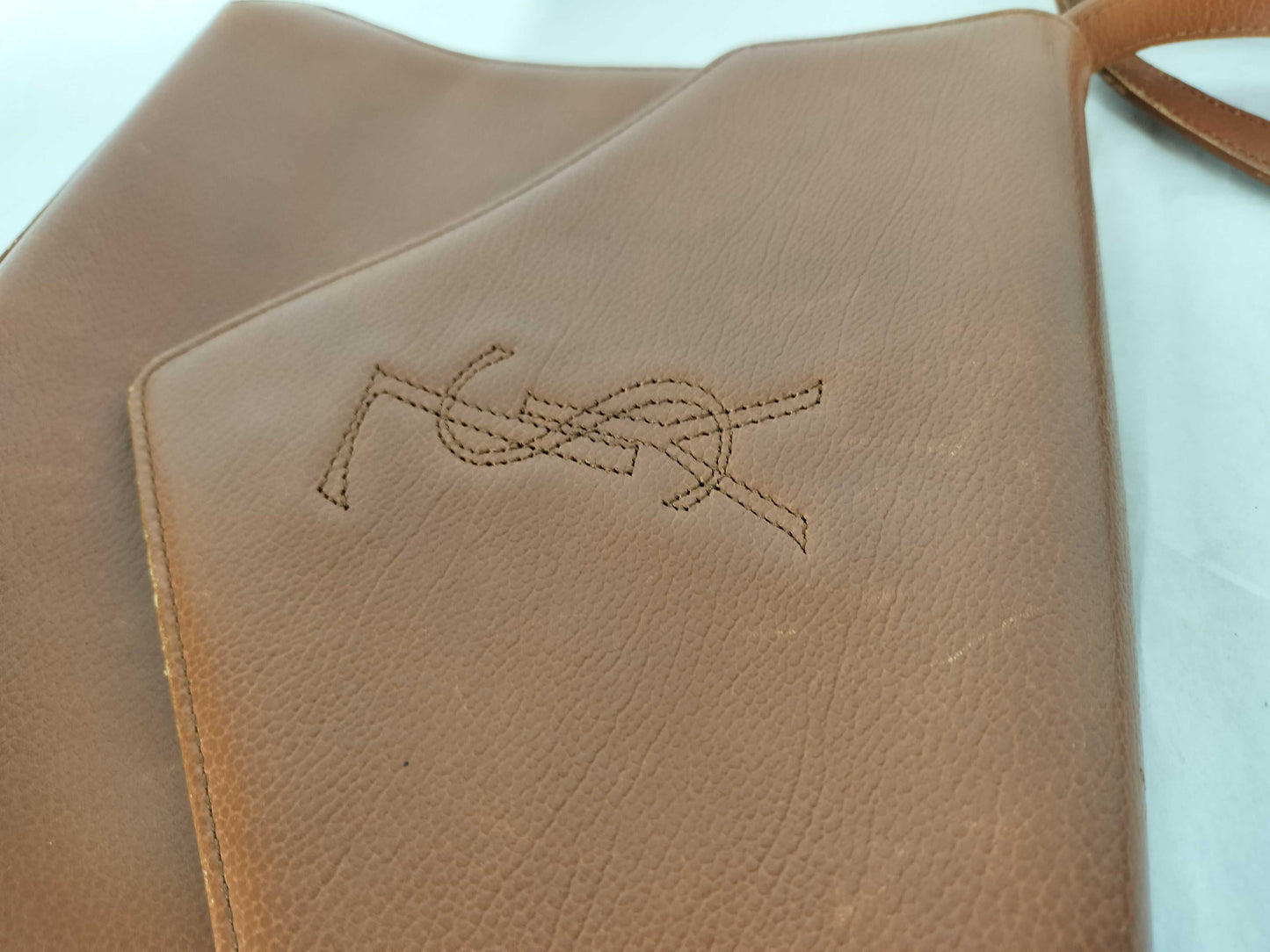 Yves Saint Laurent YSL Logo Leather Shoulder Bag Light Brown